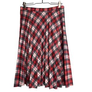 Vintage 70s Size Medium Red Plaid Polyester Knit Pleated Skirt Academia Preppy